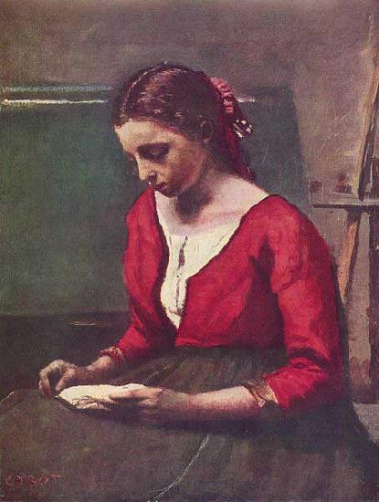 Jean-Baptiste Camille Corot Lesendes Madchen in rotem Trikot oil painting image